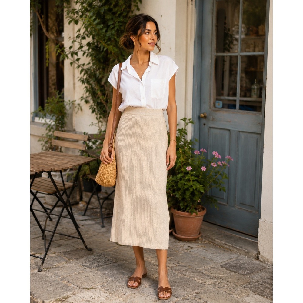 ET C T ET Ribbed Knit Midi Skirt Tan Beige Size L